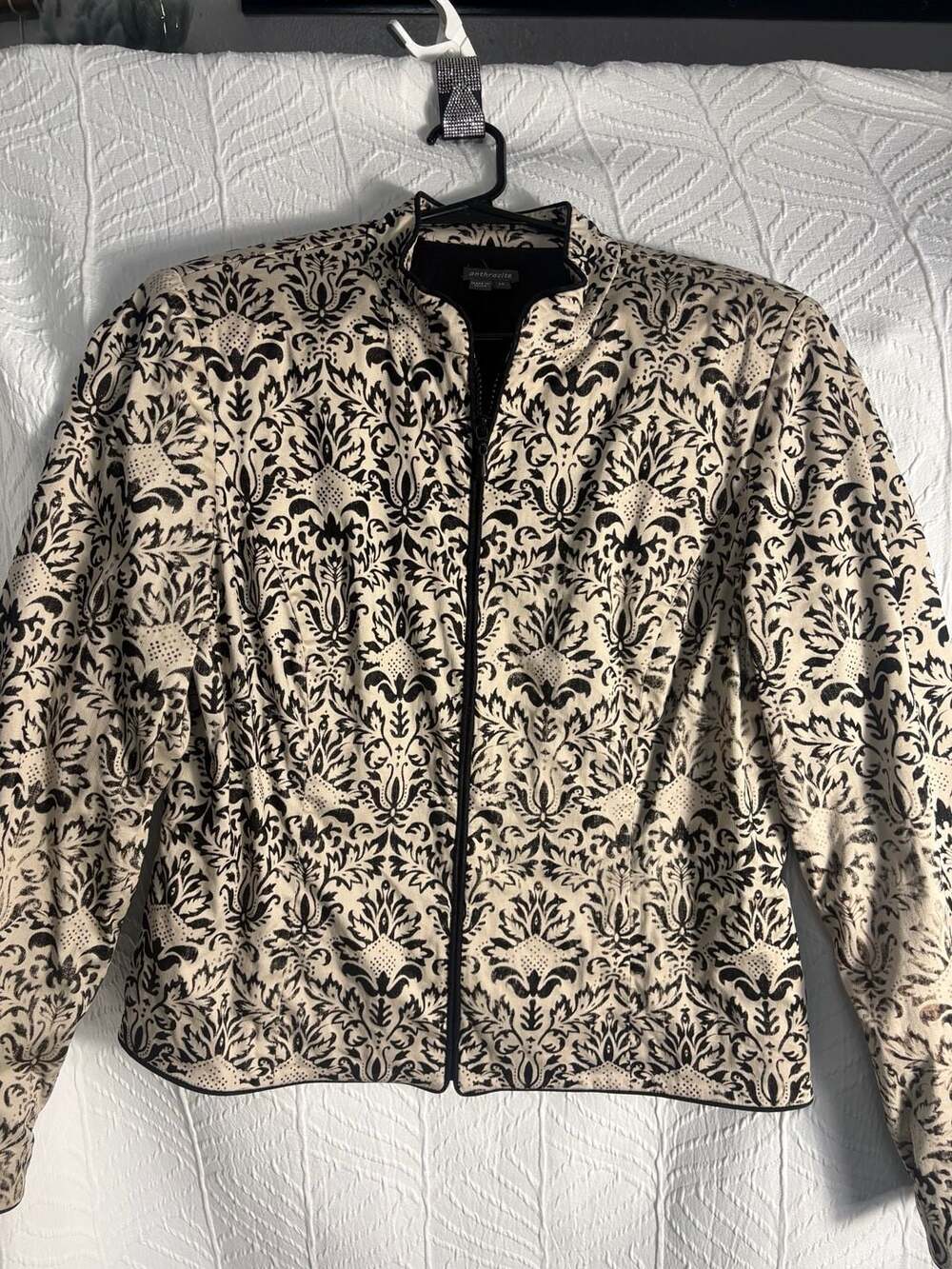 Anthracite Black and Cream Damask Pattern Blazer Jacket Size 12